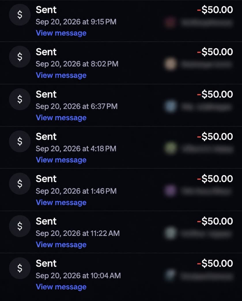Payment history: seven payouts of $50.00 marked Sent on 20 September 2026, between 10:04 AM and 9:15 PM, names blurred.